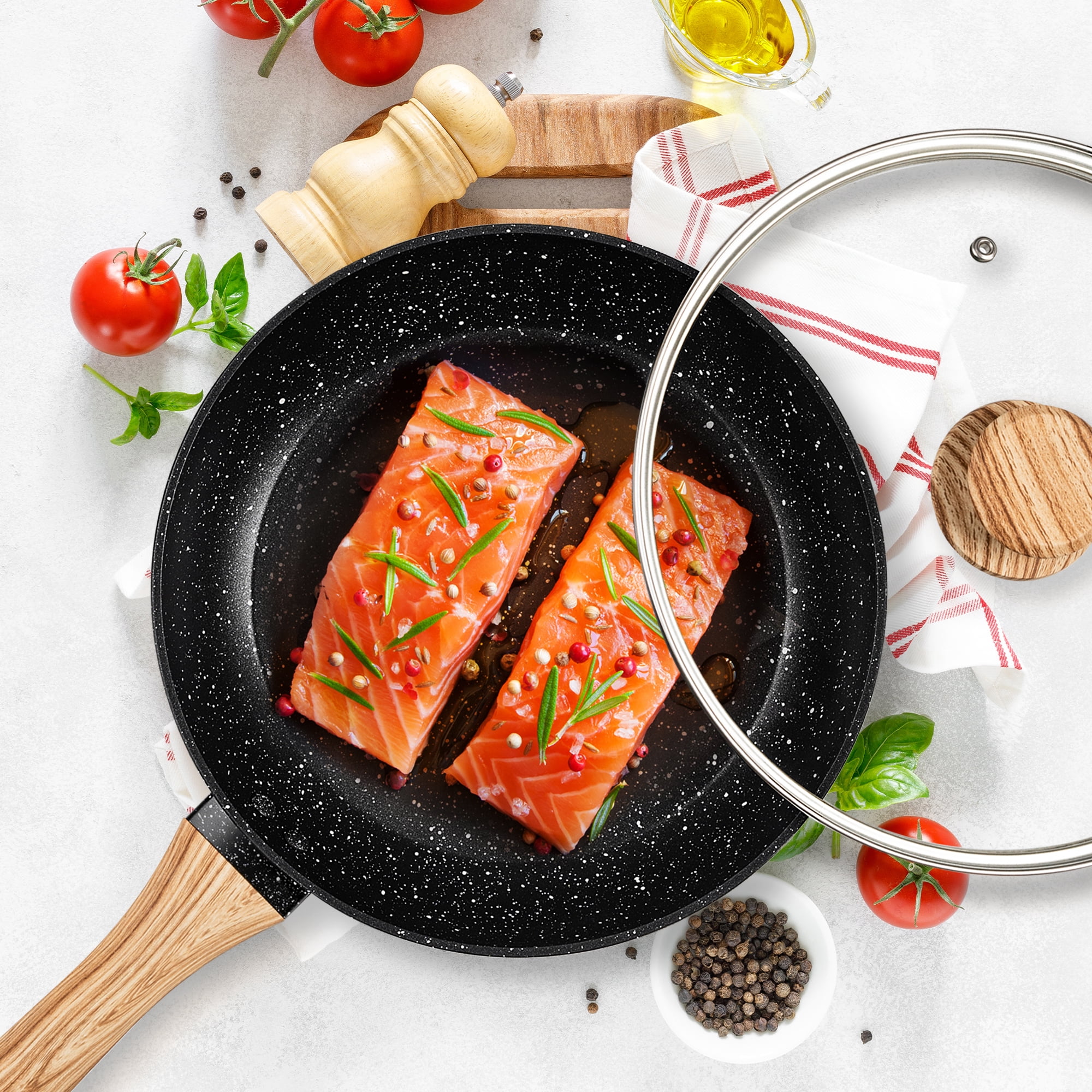 10 Inch Frying Pan with Lid, Nonstick Frying Pan with Lid, Frying Pan with 100% APEO & PFOA-Free Stone-Derived Non-Stick Coating, Nonstick Granite Skillets, Induction Compatible