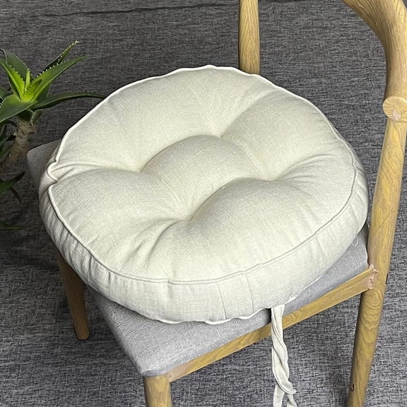 XmhyTop 2 Pack Solid Color Premium Thick Round Chair Cushions with Lace-Up Ties, Non-Slip Pads for Dining & Kitchen Seats, 16" Diameter x 4" Thick,Beige