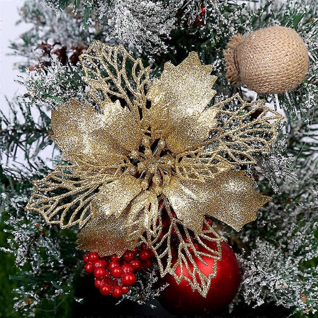 Christmas Poinsettia Glitter Flower Xmas Tree Hanging Decor Party Ornament-Silver