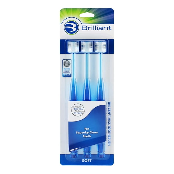Brilliant Brosse à Dents Souple pour Adultes - avec Plus de 14 000 Poils Micro-Fins à 360 Degrés, à Bout Arrondi pour un Nettoyage Facile et Efficace, Bleu, Lot de 3