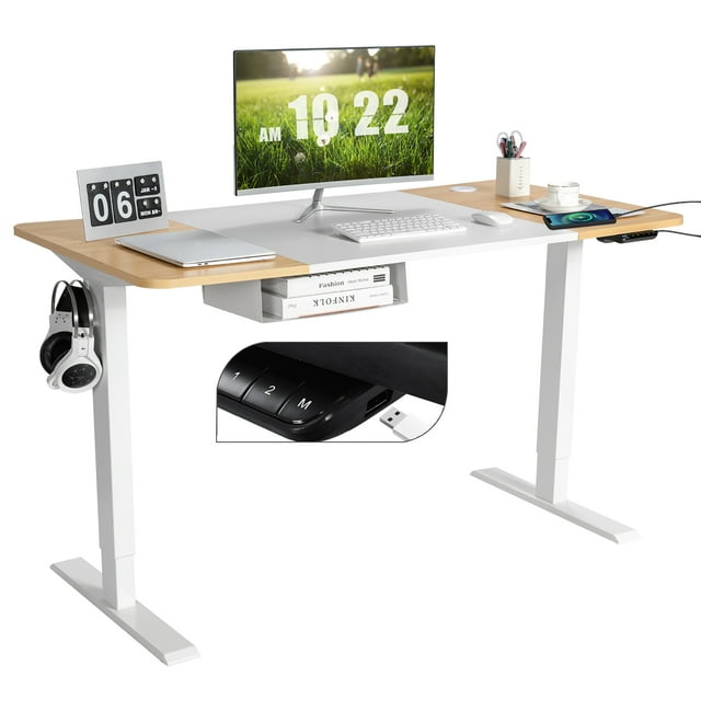 Costway Bureau Debout Électrique 55"x28 Pouces Réglable Assis-Debout avec Port USB Naturel