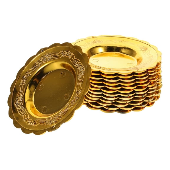 WEUVEB Golden Plastic Dessert Plates for Bakery Elegant Round Party Platters with Multifunctional Design 12PCS
