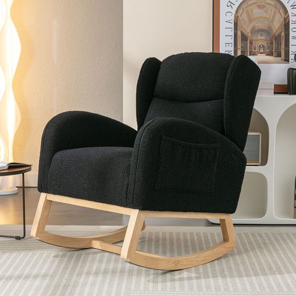 S-HOME Teddy Fabric Rocking Chair With Eucalyptus Legs, 38 Inches Deep, Ergonomic Backrest for Living Room