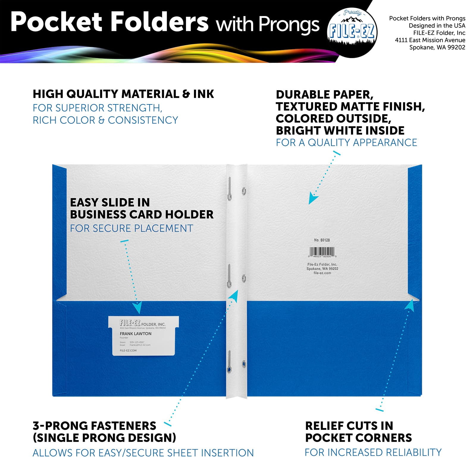 FILE-EZ Two-Pocket Folders with 3-Prong Fasteners, Assorted Colors, 25-Pack, Durable Textured Paper, Matte Finish, Letter Sheet Size (EZ-62500)
