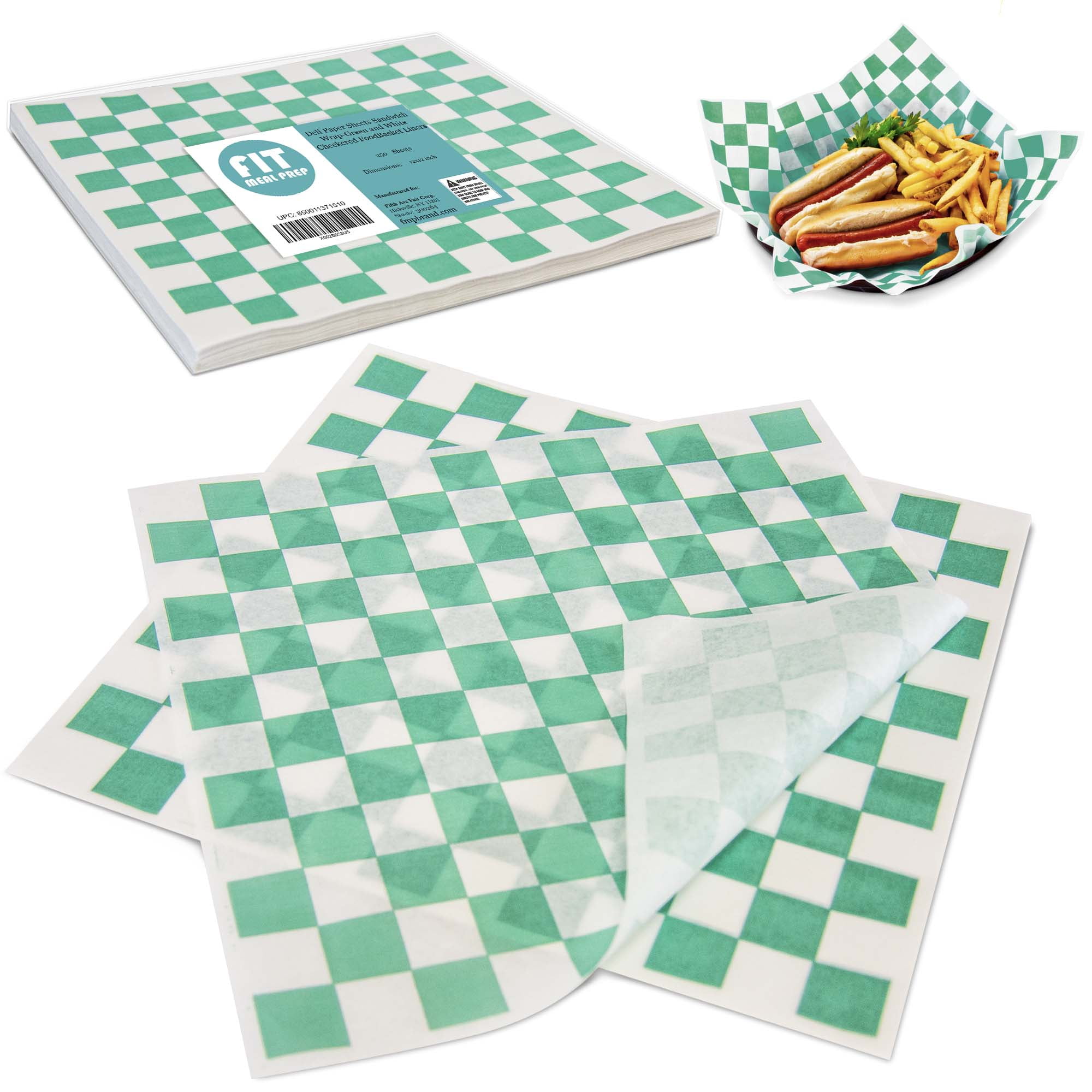 [250 Sheets] 12x12 Inch Deli Paper Sheets Sandwich Wrap - Green and White Checkered Food Basket Liners, Grease Resistant Wrapper for Barbecue Restaurants, Picnics, Parties, Kids Meal, Outdoor Fair