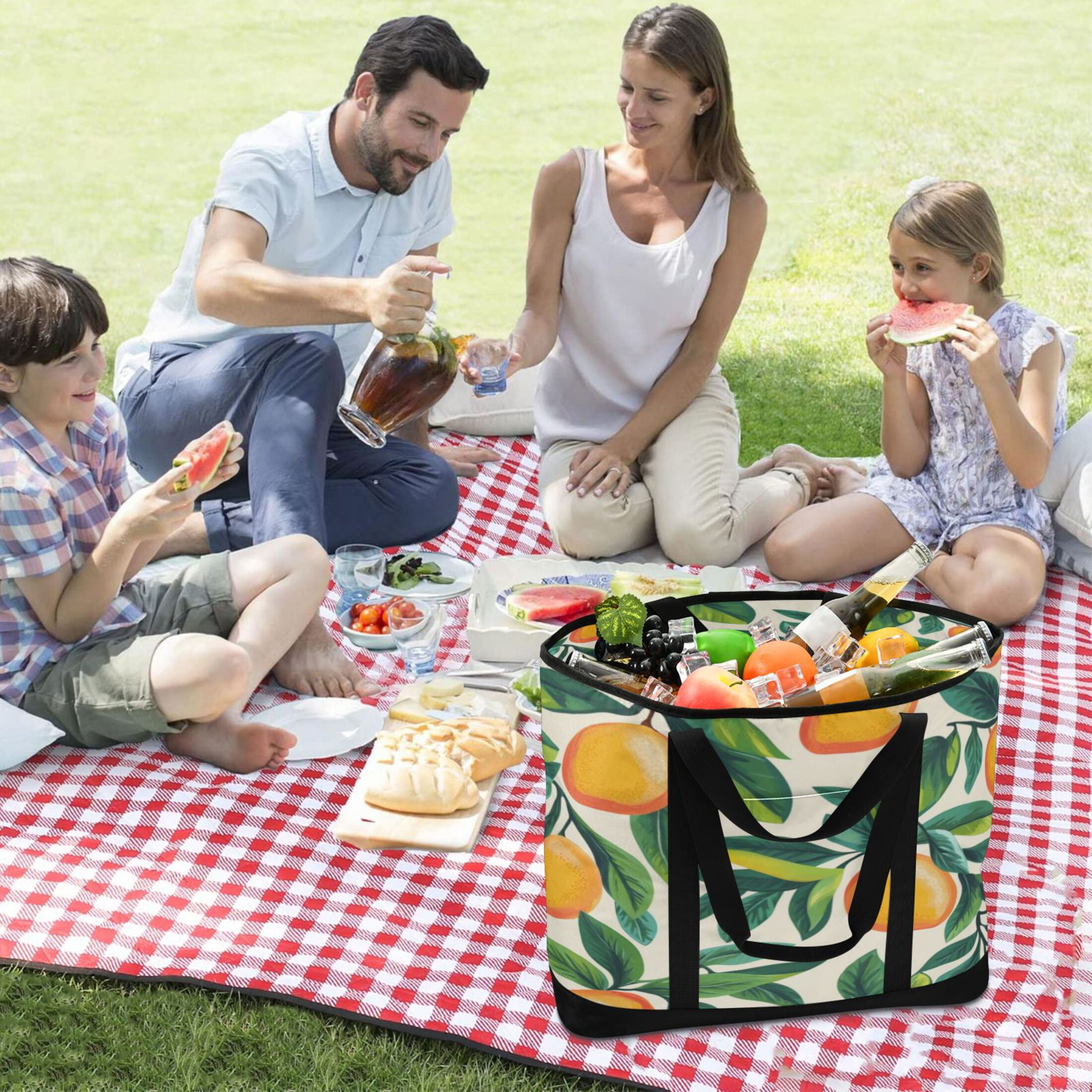 Large Hand-held Ice Pack Picnic Bag Insulation and Refrigeration Suitable for Shopping Picnics and Camping Lemons and Leaves
