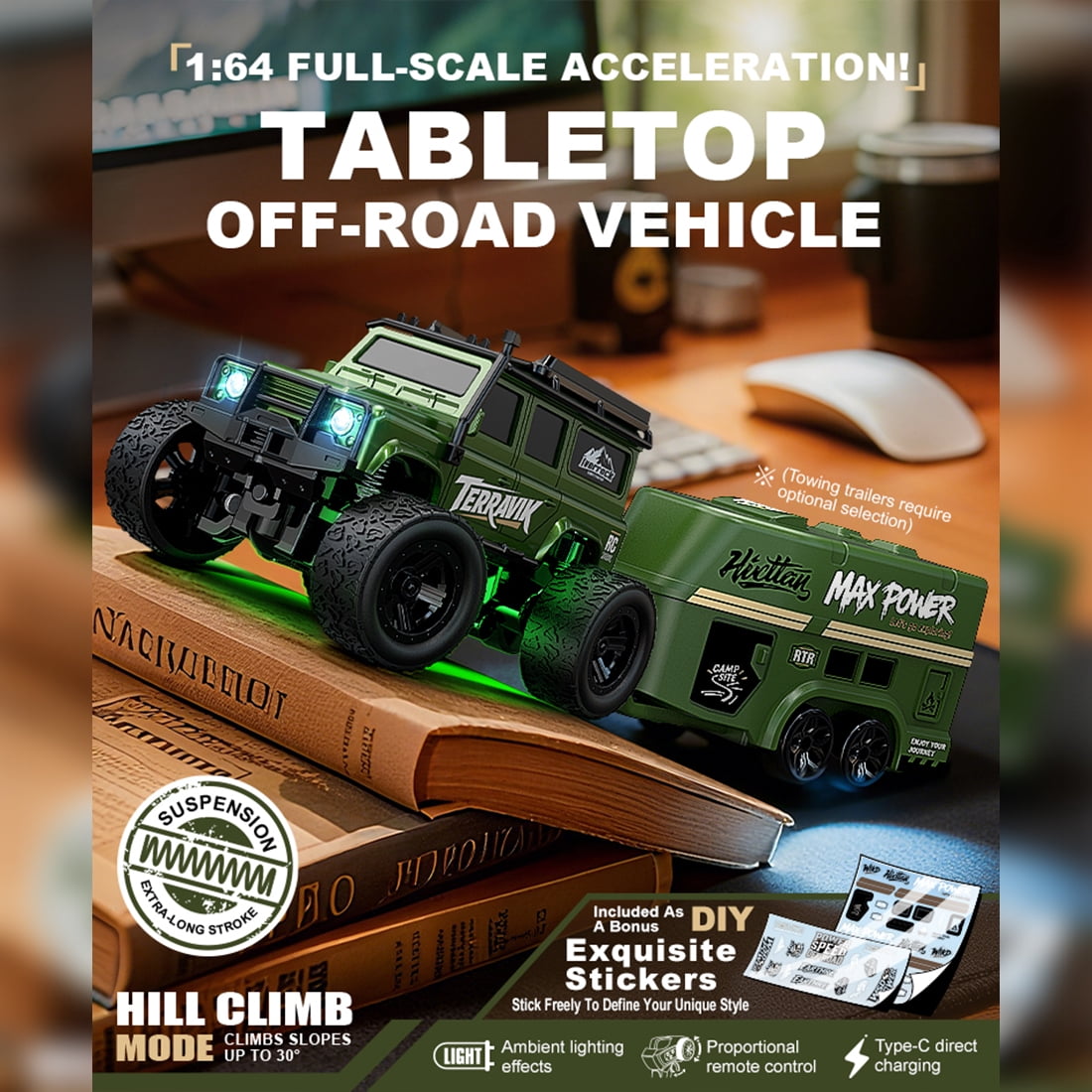 1/64 Scale 2.4G Full Proportional RC Crawler Truck with Trailer, Mini Off-Road Remote Control Car with LED Lights & Dual Velocity Mode for Adults