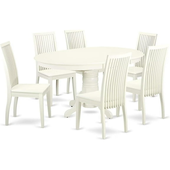 HomeStock 7 Piece Dining Room Table Set Consist of an Oval Wooden Table with Leaf and 6 Kitchen Dining Chairs, 42x60 Inch, Linen White