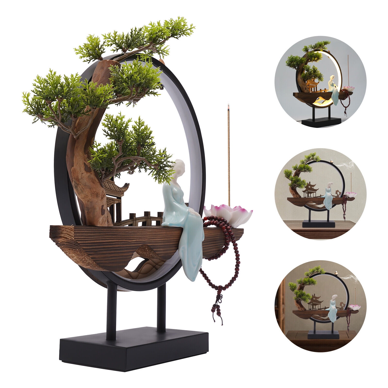 Home Backflow Incense Holder with LED Light and Pines, Ceramic Lady Backflow Incense Burner Perfect for Relaxing