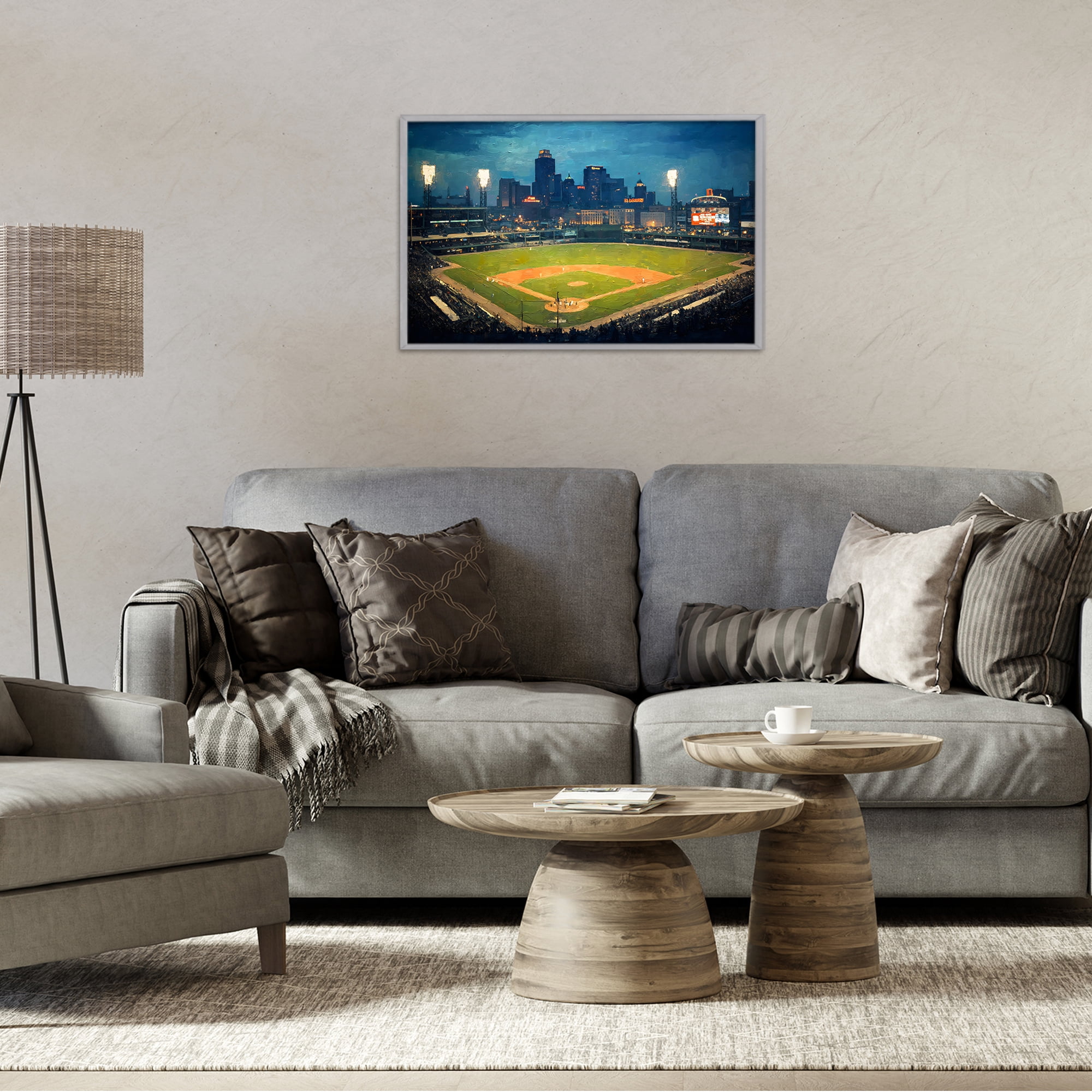 Baseball Stadium at Night Gray Framed Giclee Art, design by Arlington Prints