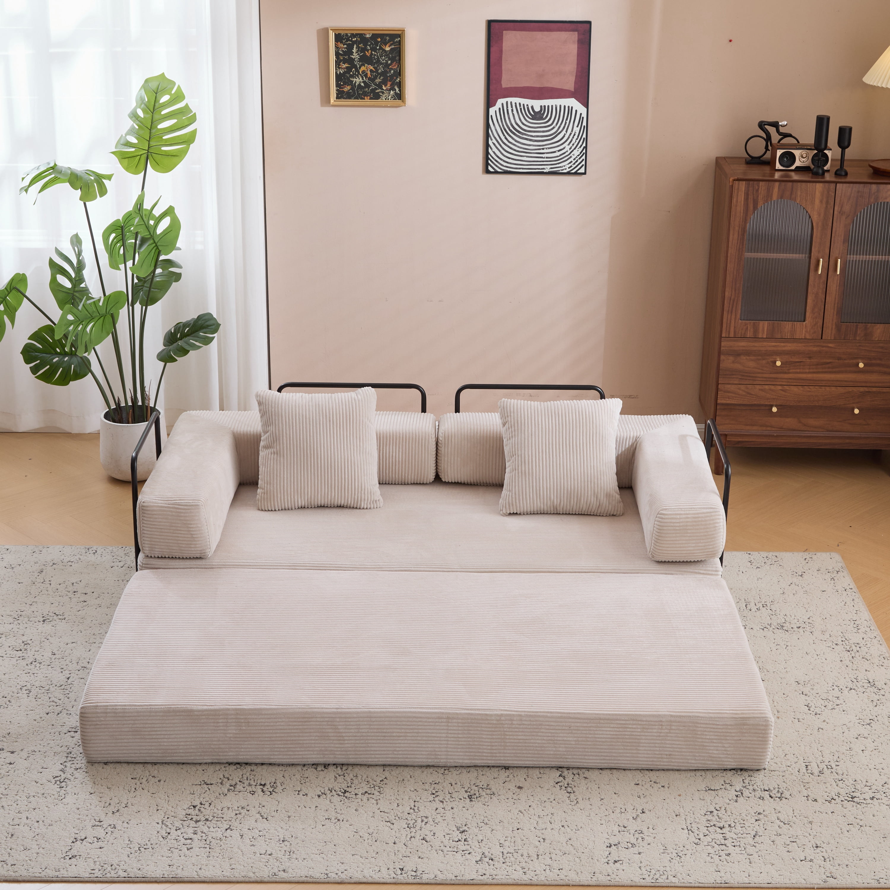 BSHTI Convertible Sofa Bed with Pillows, Chenille Folding Floor Sofa, High Rebound Density Sponge Boneless Couch for Living Room Bedroom Apartment Office, No Assembly Required, Light Gray
