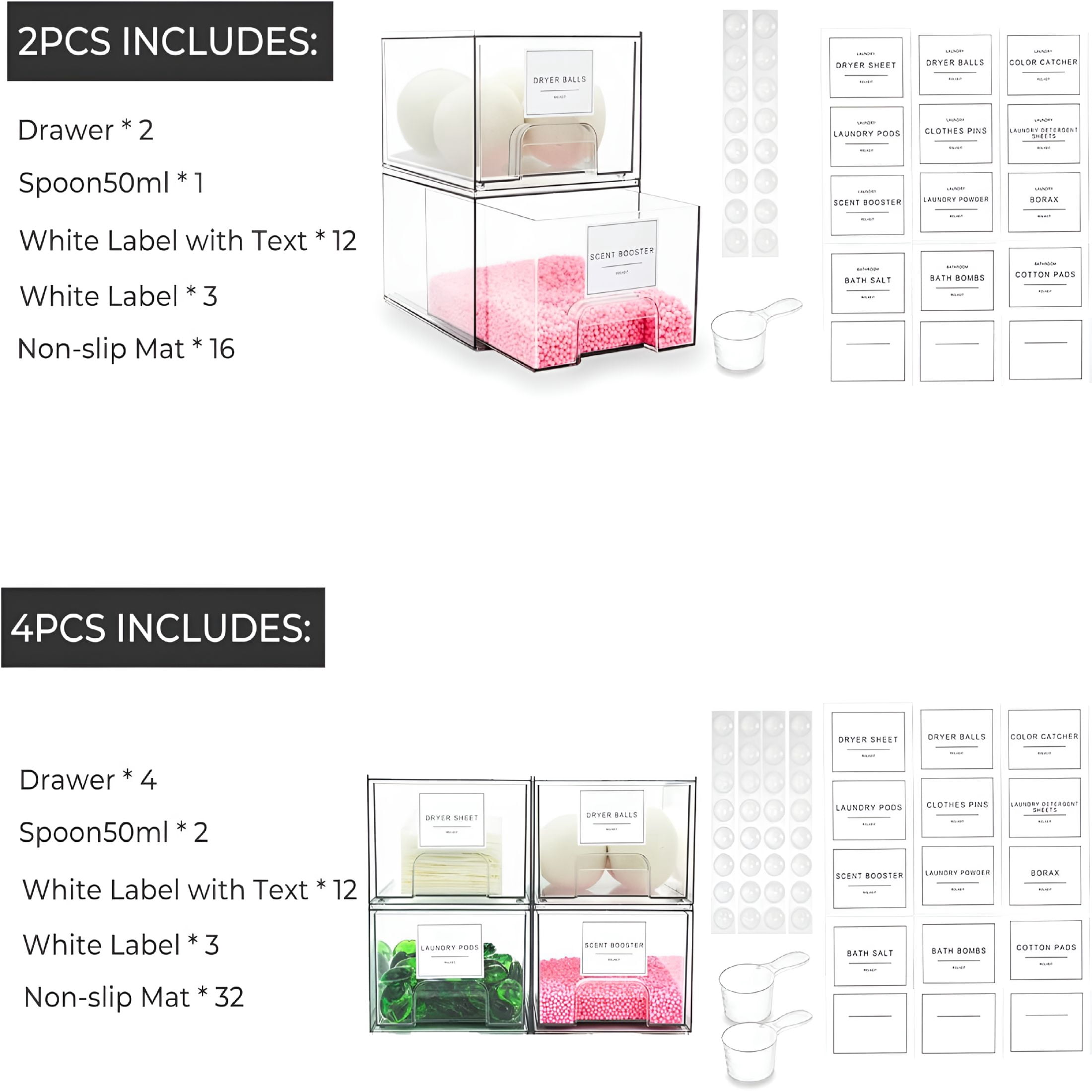 BPPEG 2 Pack Laundry Room Organization Storage Drawers with Labels, Clear Stackable Dryer Sheet Holder and Pod Containers, Detergent Dispenser for Laundry Room Organizing and Decor