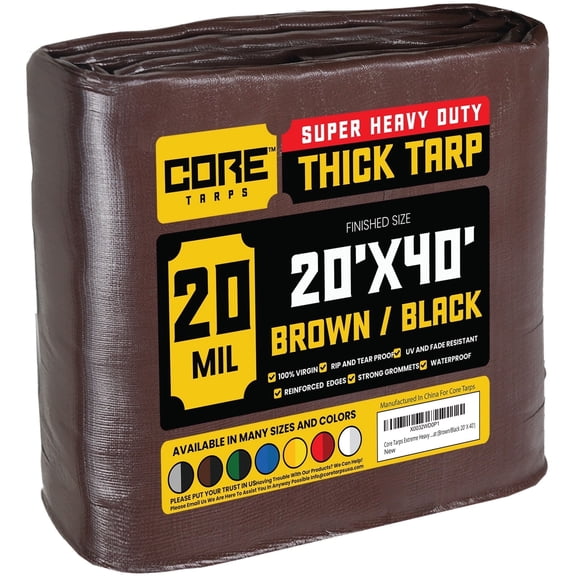 Core Tarps 20 Mil Heavy Duty Tarp Tarpaulin Waterproof Cover, Brown/Black 20' x 40'
