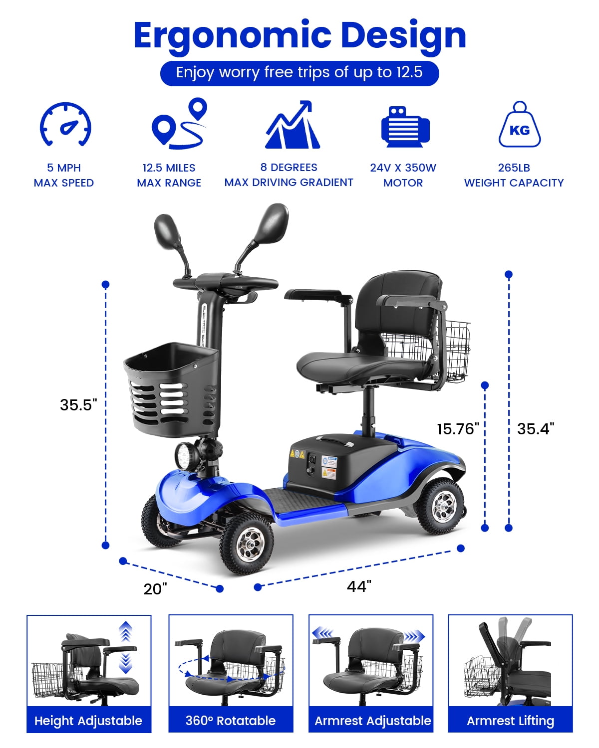 Folding Mobility Scooter for Adult, Powered Mobility Scooter All Terrain Motorized Scooter Collapsible with 350W Motor, 12V20AH Dual Lead-Acid Batteries, Ideal for Elderly, Seniors, Adults