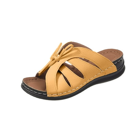 CHOII 50% off Clearance Women s Solid Color Flat Bottomed Casual Beach Shoes Unique Bow Upper Stitching Design Thong Sandals Cushionaire Sandals Summer Sandals for Women 2024 Yellow/8