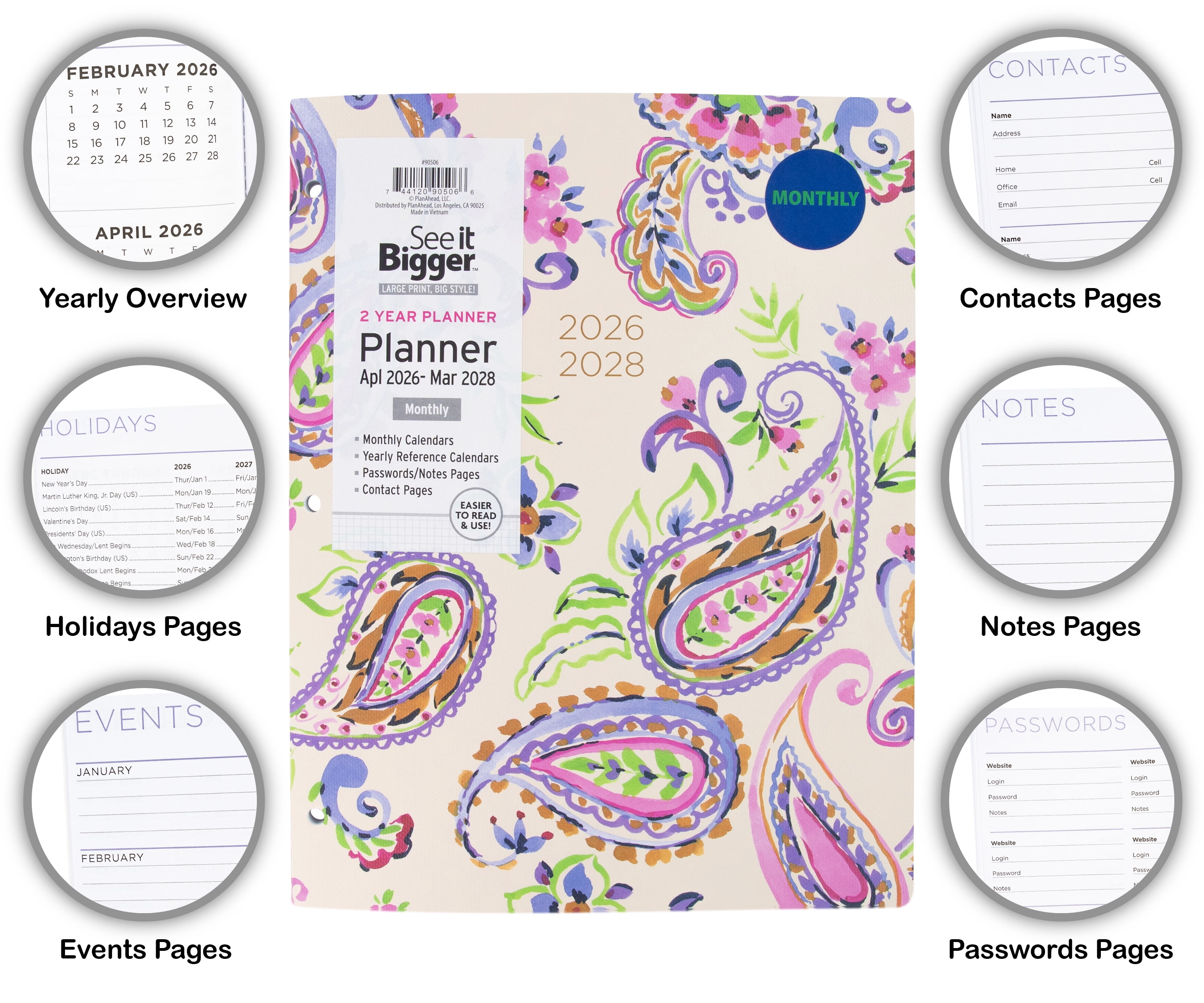 See It Bigger Monthly Planner, Large (8.5" x 11"), Paisley, 2-Year: Apr 2026 – Mar 2028