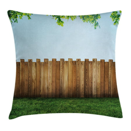 Farm House Decor Throw Pillow Cushion Cover, Rustic Plank over Field Meadow Tranquil Nature Yard Neighborhood Image, Decorative Square Accent Pillow Case, 18 X 18 Inches, Green Brown, by