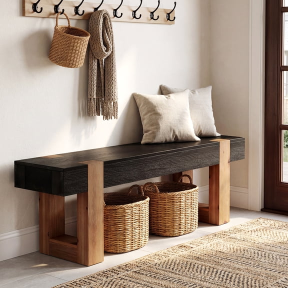 Finmind Solid Wood Bench, 55 inch Farmhouse Entryway Bench Indoor for Hallway, Bedroom, Living Room, Brown & Black