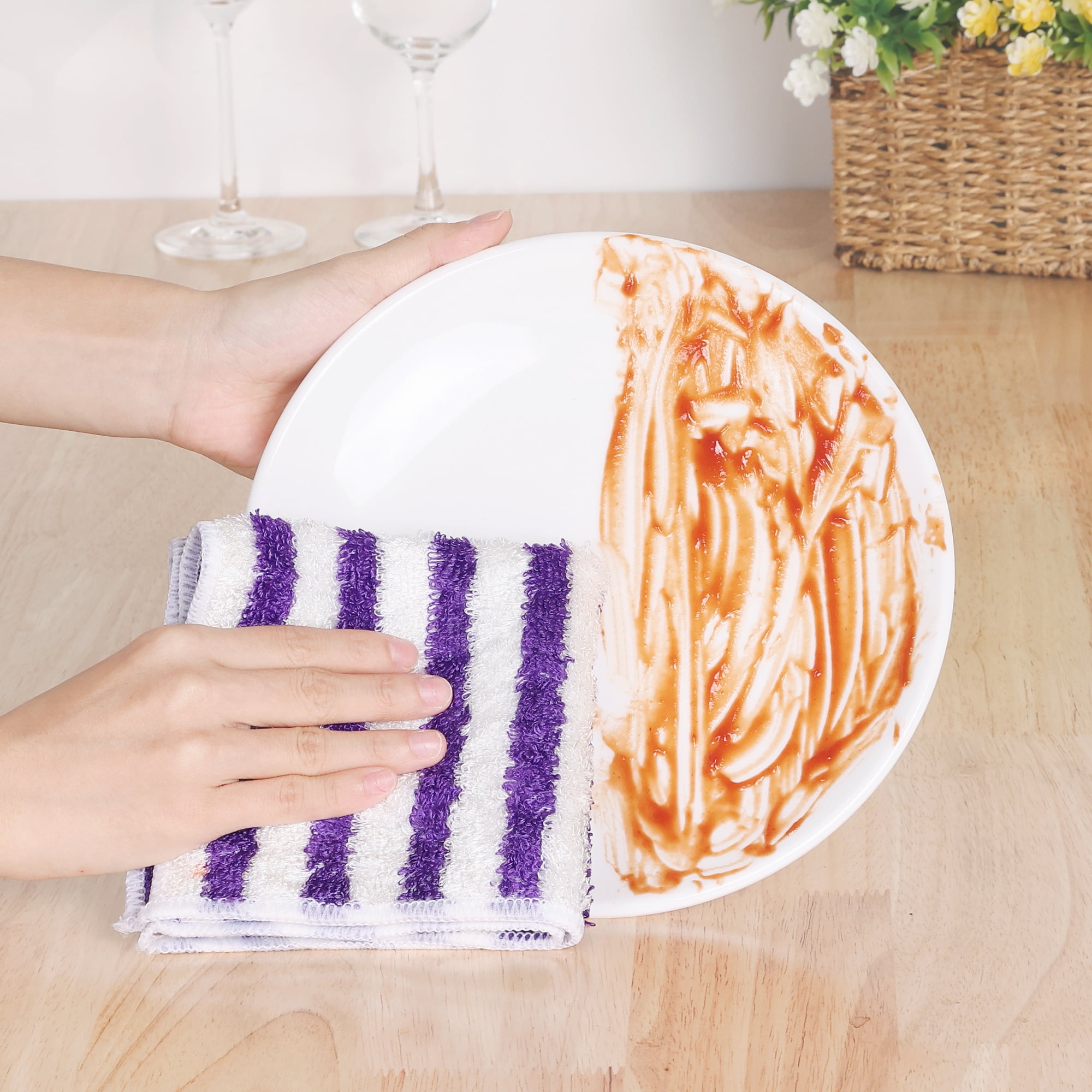 Unique Bargains 6 Pack Kitchen Towels Absorbent Reusable Cleaning Cloth Purple Strips