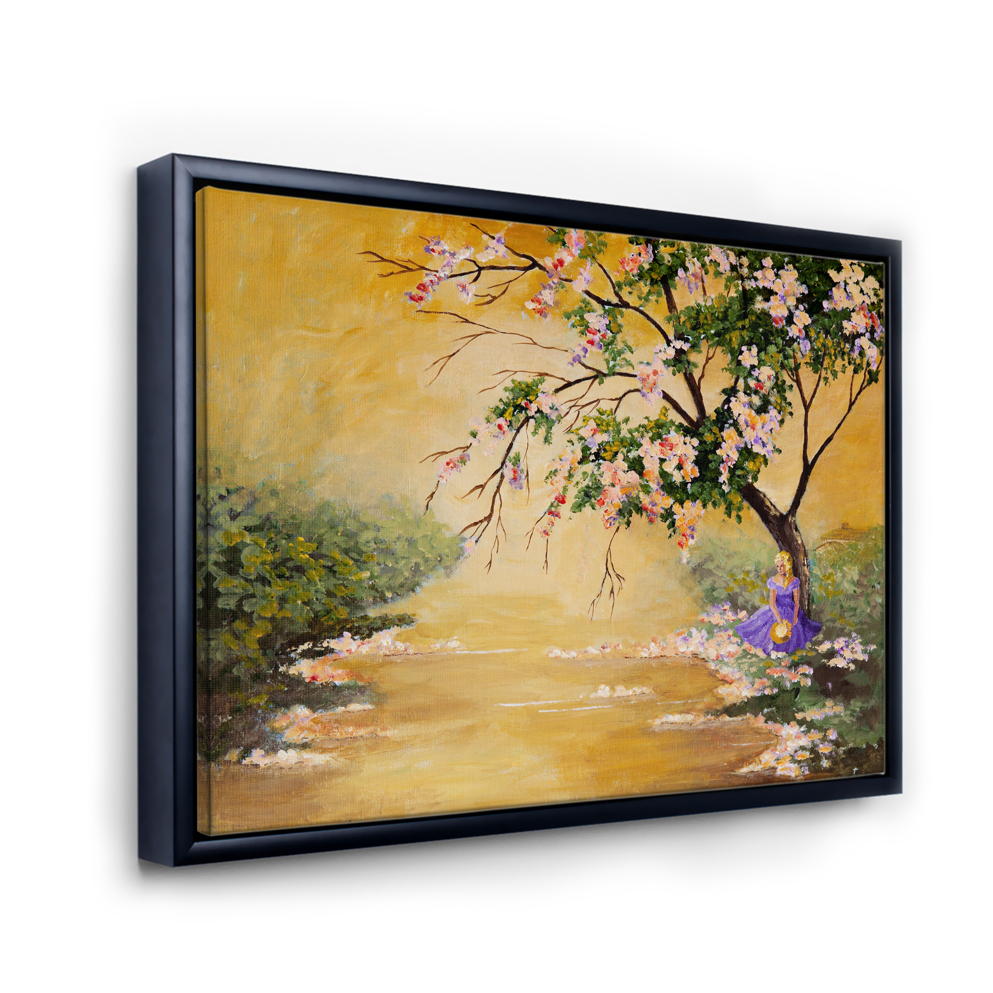 Designart 'Beautiful Girl Standing By The Flowering Tree' Traditional Framed Canvas Wall Art Print
