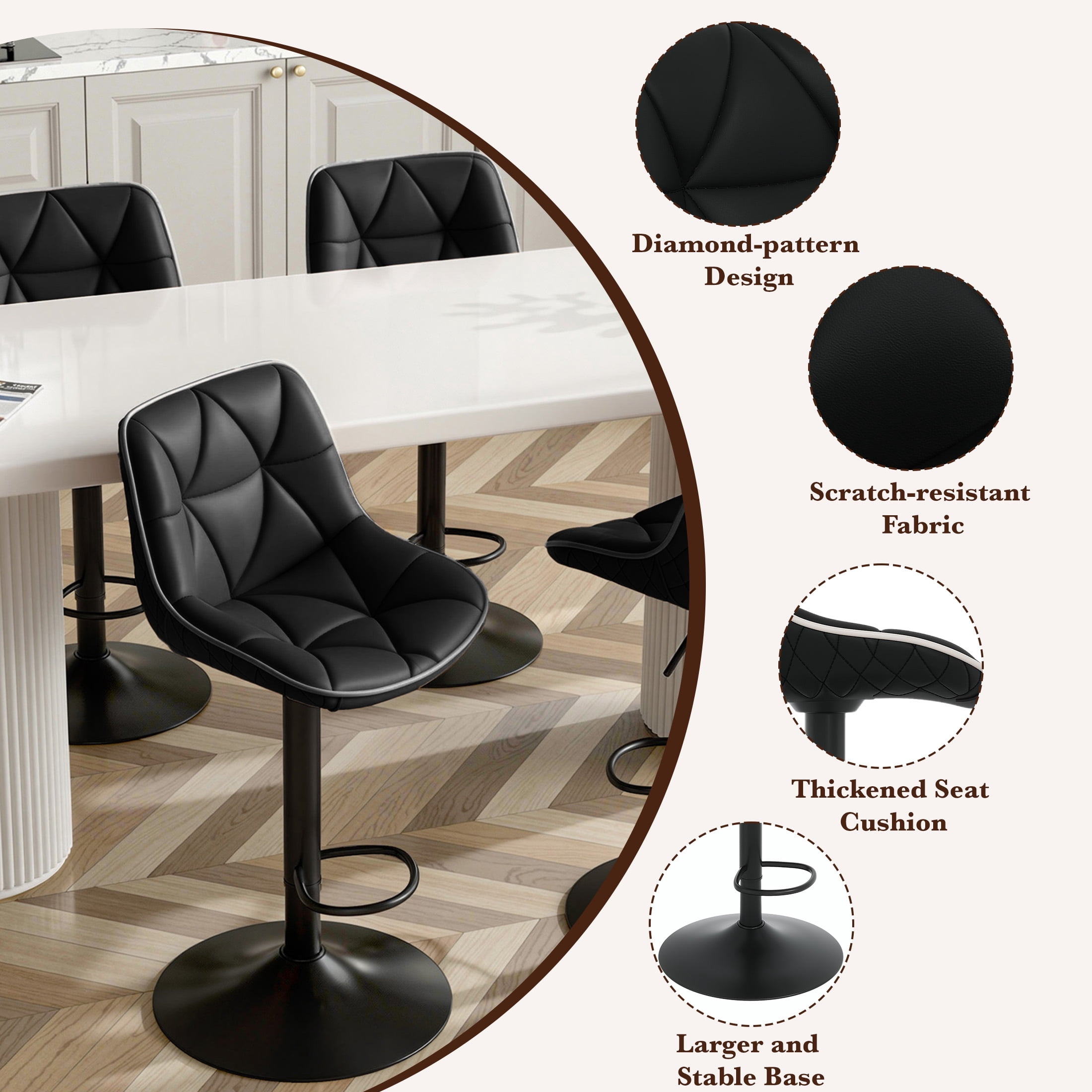 Hawsaiy Bar Stools Set of 4, Adjustable Swivel Counter Height Bar Stools with Back, Upholstered Modern Barstools with Diamond Stitching, Black