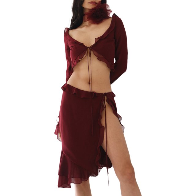Faldas largas Conjunto de falda de 2 piezas para mujer Ropa de playa con lazo de gasa de manga larga (Rojo vino S) Ygjytge Vino rojo T S para Mujer