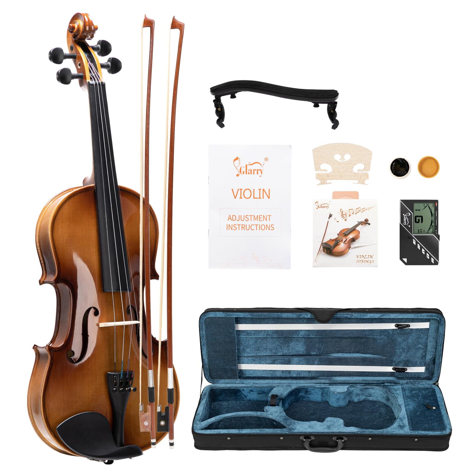 Glarry 4/4 Acoustic Violin Kit w/Square Case, 2 Bows, Extra Strings and