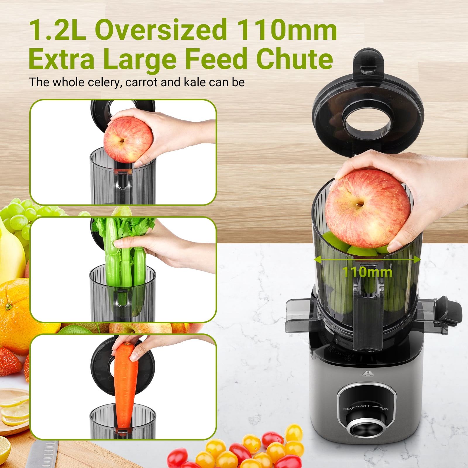 Sunmaki Juicer Machine, Portable Cold Press Juicer with 4.3" Large Feed Chute for Fruits and Vegetables,Easy to Clean 100W, Grey