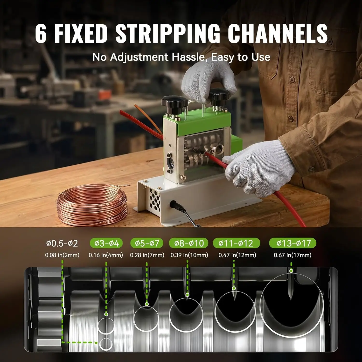 EasyWox Automatic Electric Wire Stripping Machine, 0.06"-0.67" Capacity, 6 Channels 5 Blades, 35W All-Copper Motor, Cable Stripper for Scrap Recycling
