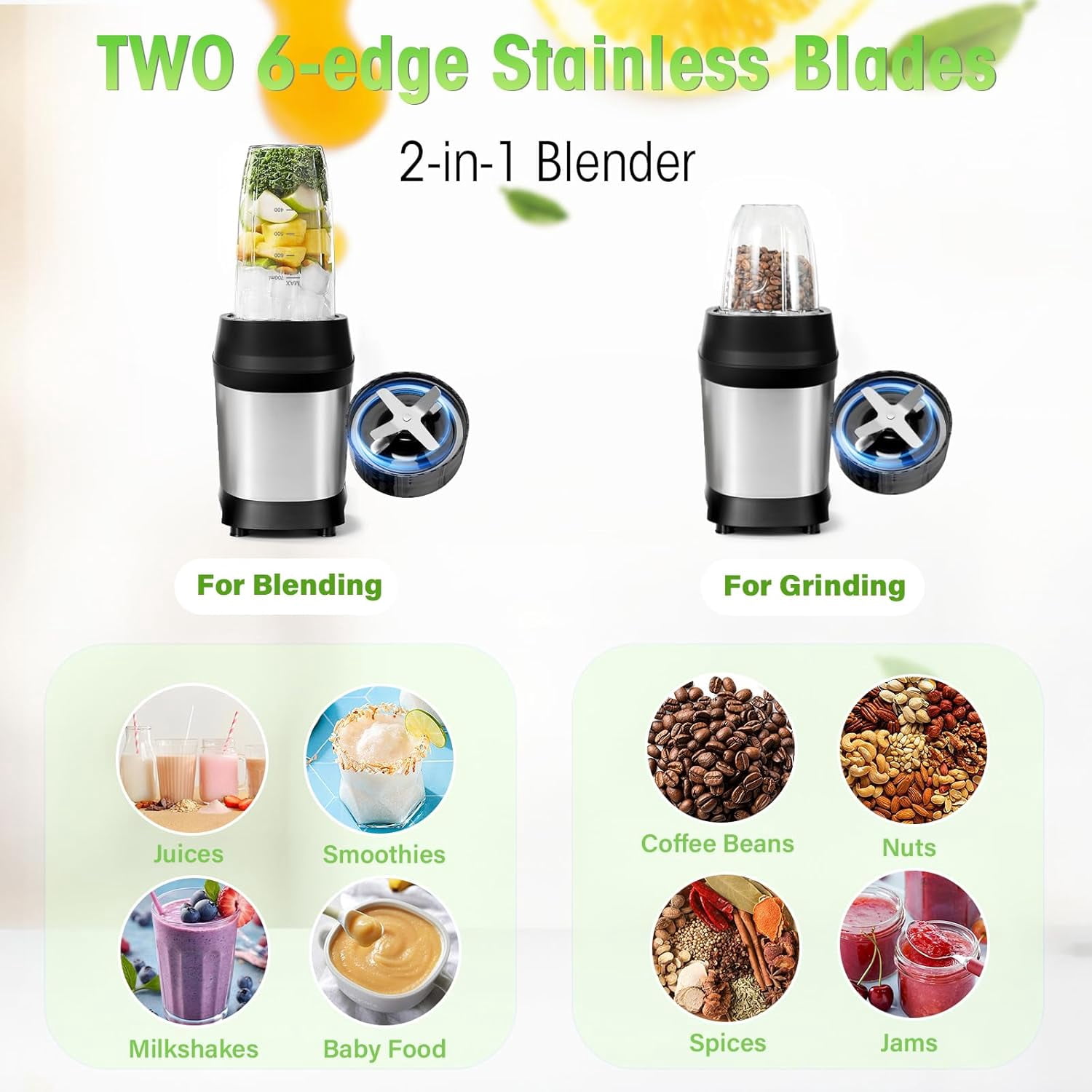 1200W High-Performance Blender with 2 6-Fin Blades, Ice Crushing Smoothie Blender for Home & Office