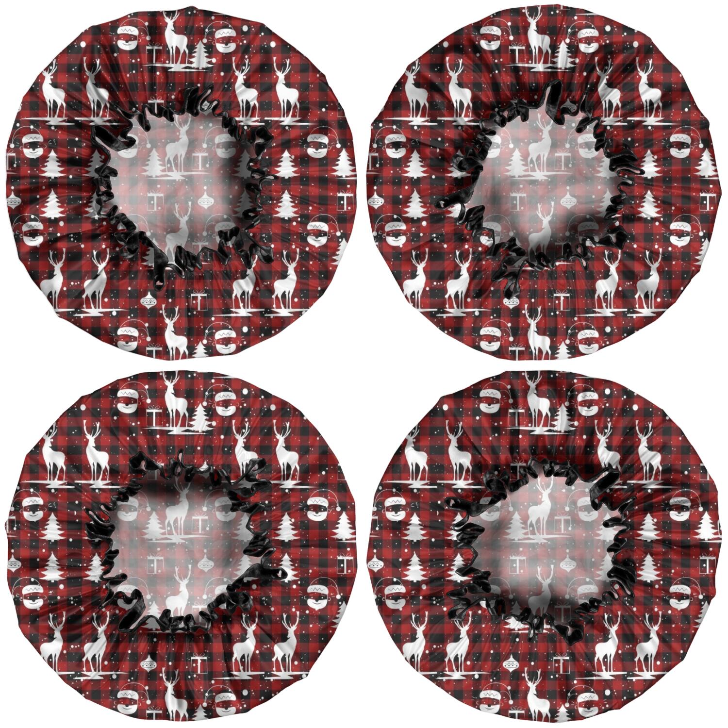 Shower Caps,Red Christmas Plaid Deer and Tree Pattern Waterproof Shower Cap for Women 4 Pieces,Double Reusable Hair Cover for Shower PEVA Elastic Stretch Hem