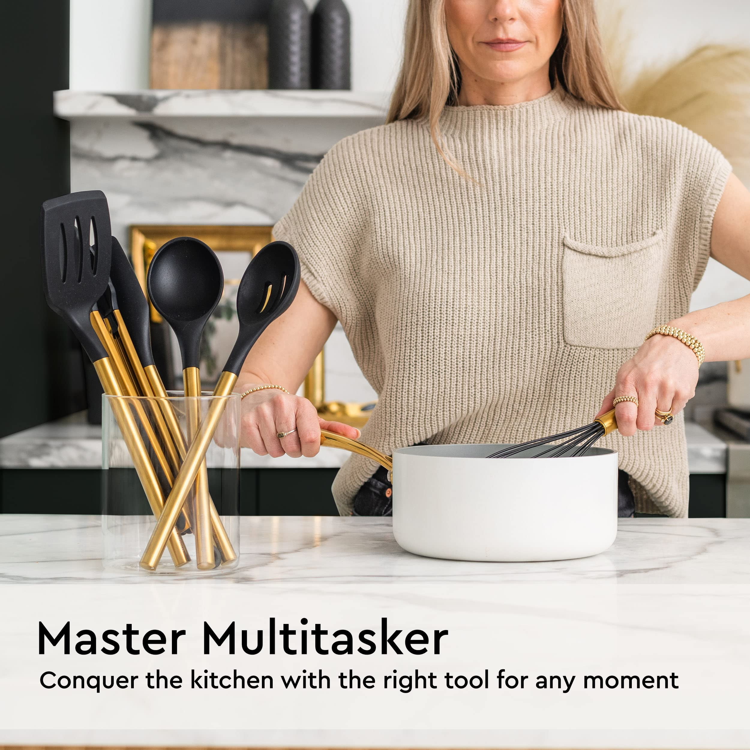 Black and Gold Kitchen Utensils Set 6PC Black Silicone Utensils Set Includes: Gold Tongs, Gold Whisk, Gold Serving Spoon, Gold Spatula & Turner-Black and Gold Kitchen Accessories & Gold Kitchen Decor
