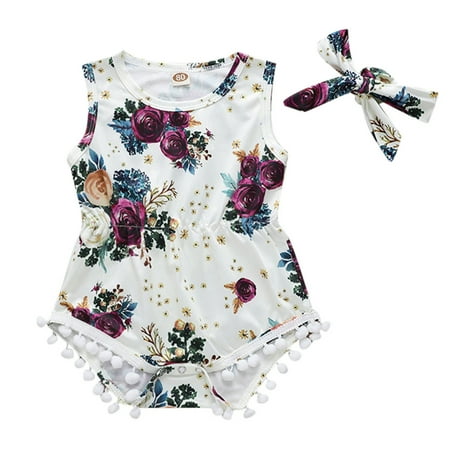 

EHTMSAK Newborn Infant Baby Toddler Floral with Headband Set Romper for Girl Summer Clothes Sleeveless Jumpsuit White 0-24M 80