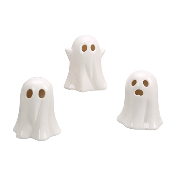 Oxodoi Halloween Ghost Light,Set of 3 Ceramic Ghost Decorations with Warm LED,Cute Black and White Desktop Halloween Decor