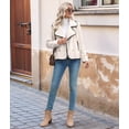 thumbnail image 4 of Women Contrast Trim Double Breasted -Jacket Long Sleeve Cropped Casual Loose Fit Coats with Pockets Beige S, 4 of 9