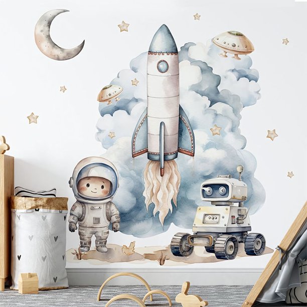 Adhesivos de pared con dibujos animados de astronautas, cohetes, robots espaciales, PVC