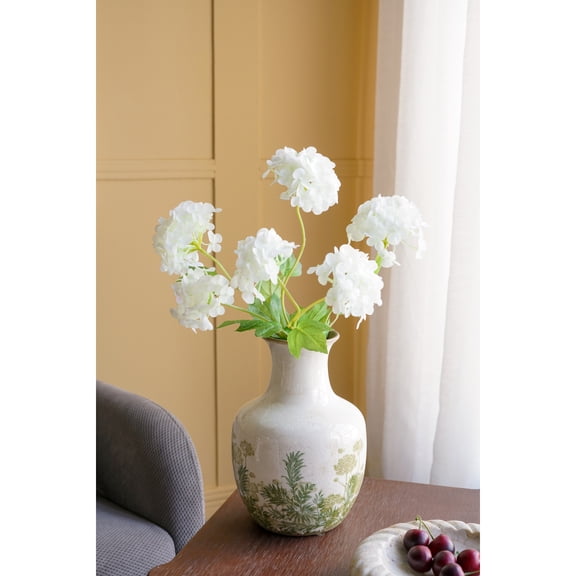6.9x6.9x10 Inch White Ceramic Vase With Green Floral Motif
