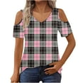 thumbnail image 2 of USSUMA Up to 45% Off Womens Tops Short Sleeve V Neck Plaid Checkered Loose Tunic Pullover Shirt Tops Off Shoulder Blouse Tops Trendy Athletic Fit Womens Fashion for Nightout Hot Pink M, 2 of 6