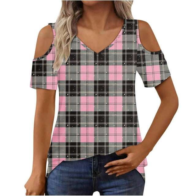 Tops de Algodón para las Mujeres Impresión de Manga Corta Cuello en V Fuera Del Hombro Blusa de Moda, Imitación de Algodón para el Hogar Diario