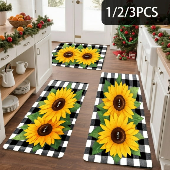 3PCS Kitchen Mat set, Welcome Door Flannel Rug,Home Decor for Front Door,Kitchen, Bathroom, Sunflower On Black White Checkered ,Great gift for Family and Friends.