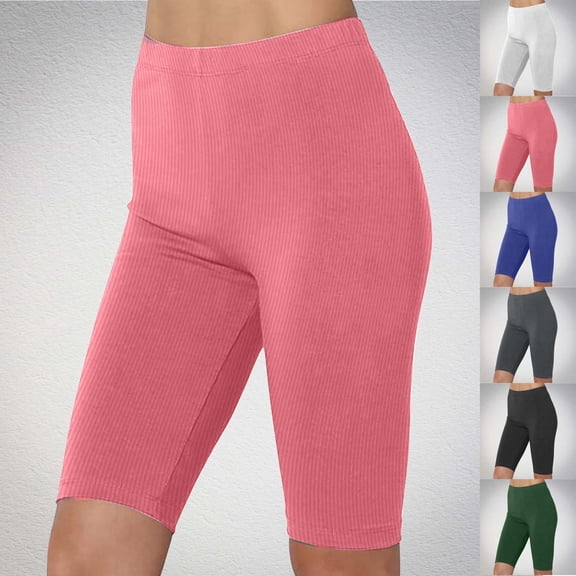 Aboser Ribbed Knit Biker Shorts for Women Above the Knee Bermuda Shorts Tummy Control Yoga Cycling Shorts Athletic High Waisted Butt Lifting Shorts