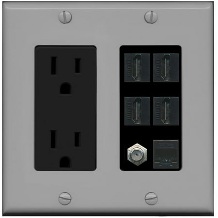 - RiteAV 15A Power Outlet, 4 HDMI, 1 Cat5e Ethernet, 1 Coax Cable TV Wall Plate - Gray/Black