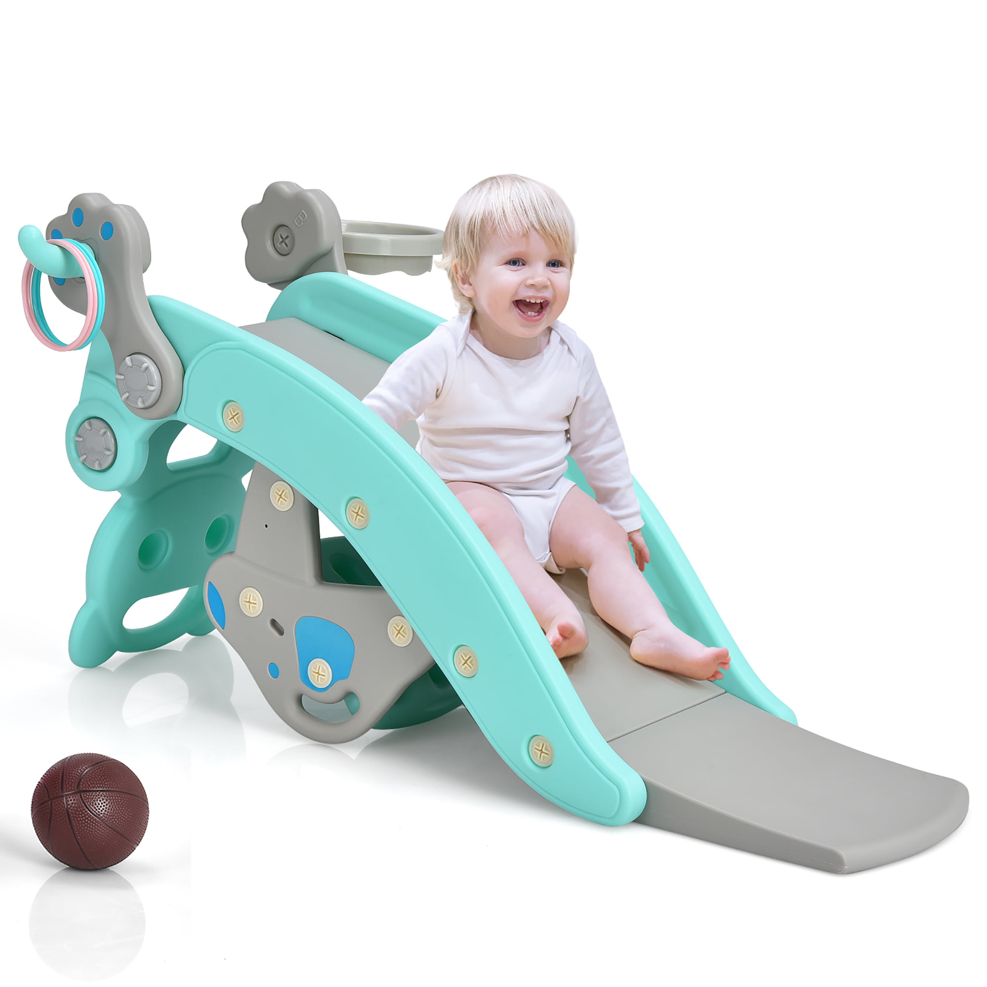 Pink/Blue Pomobie Baby Slide and Rocking Horse A 4 in 1 Rocking Horse Slide Set Toddler Climbing and Animal Rocker with Basketball Hoop and Ferrule Indoor & Outdoor for Boys and Girls