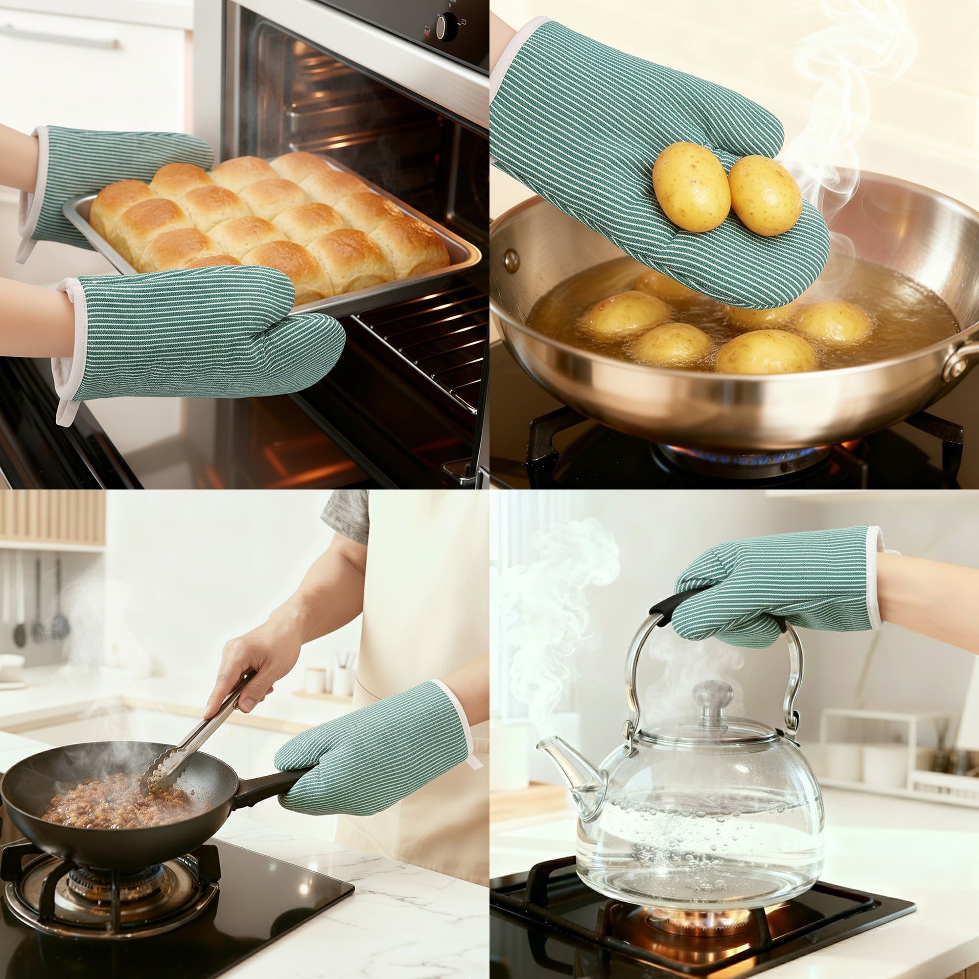 Unique Bargains Heat-Resistant Cooking Gloves Thick Cotton Lining Green 10.2x7.5inch