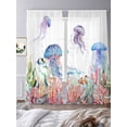 thumbnail image 4 of Watercolor Jellyfish Sheer Curtains 96 Inch Long 2 Panels, Summer Ocean Seaweed Coral Coastal Light Filtering Rod Pocket Curtains, Sheer Voile Drapes for Living Room Bedroom, 52"x96", 4 of 8