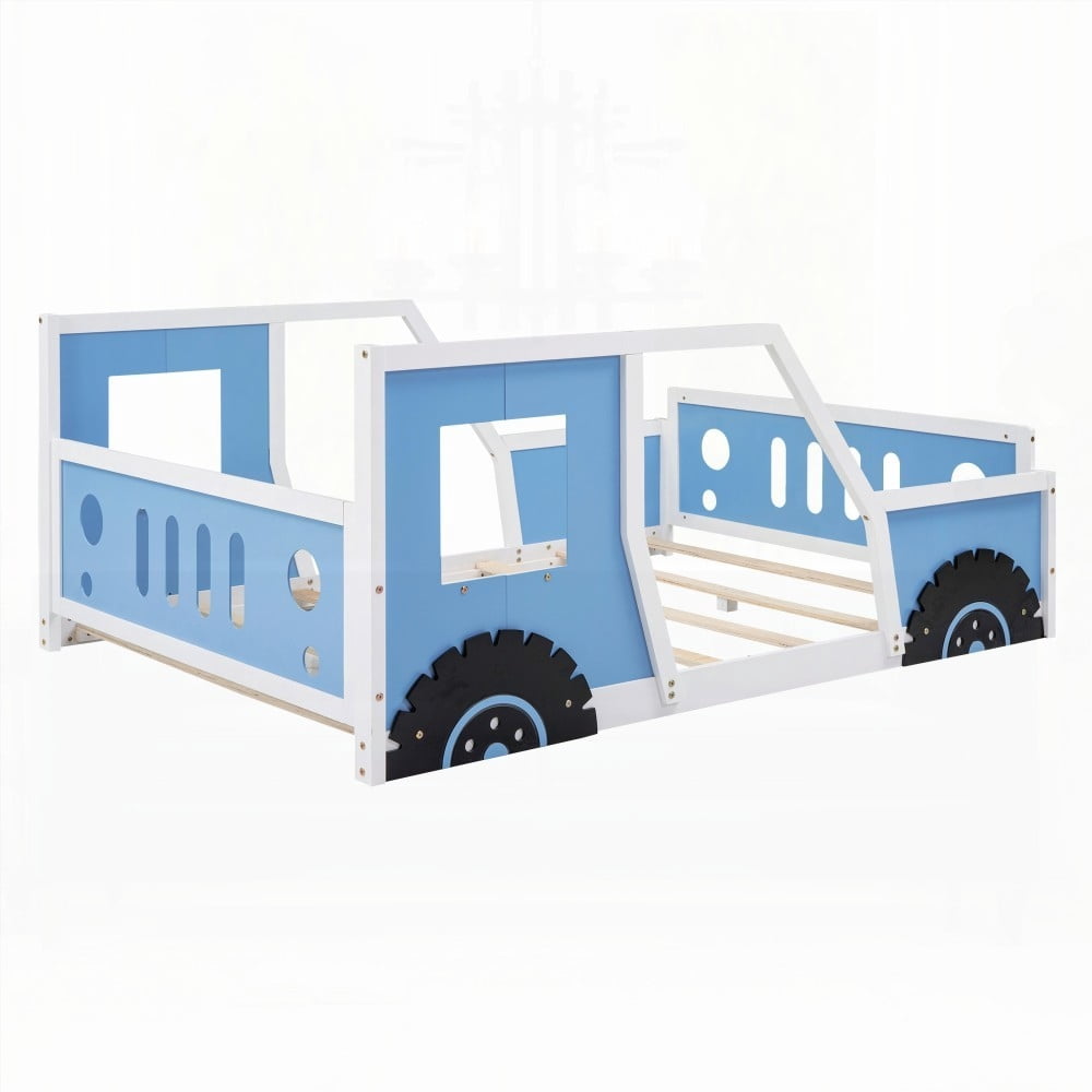 Classic Full Size Blue Car-Shaped Platform Bed on Wheels, Crafted with Pine Wood and MDF