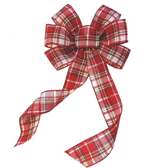 Red White Tartan Christmas Bow - 10" Wide, 18" Long Pre-Tied Bow, White and Red Plaid, Door Decoration, Swag, Wreath, Garland, Boxing Day, Christmas Tree Ribbon, Winter Decoration, Front Door Decor