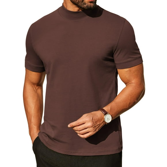Camiseta COOFANDY Mock de cuello alto de manga corta de algodón para hombre, marrón