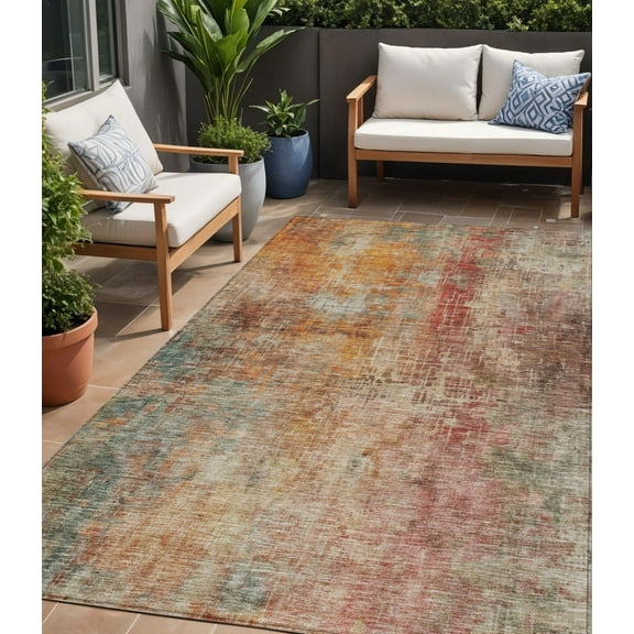 5' X 8' Tan Copper And Terra Cotta Abstract Washable Indoor Outdoor Area Rug