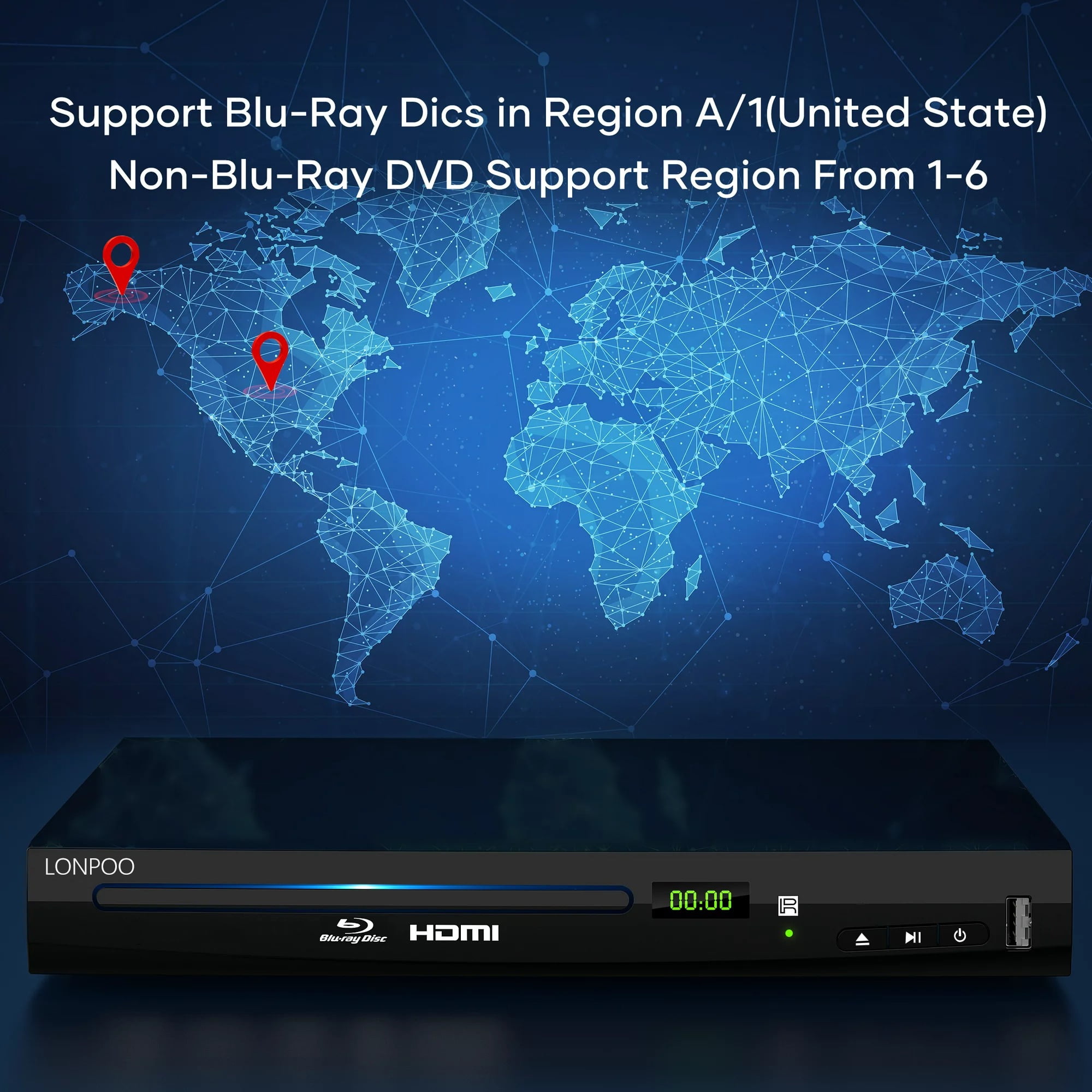 Blu Ray DVD Player,LONPOO Full HD Blu-ray Disc Player with Easy